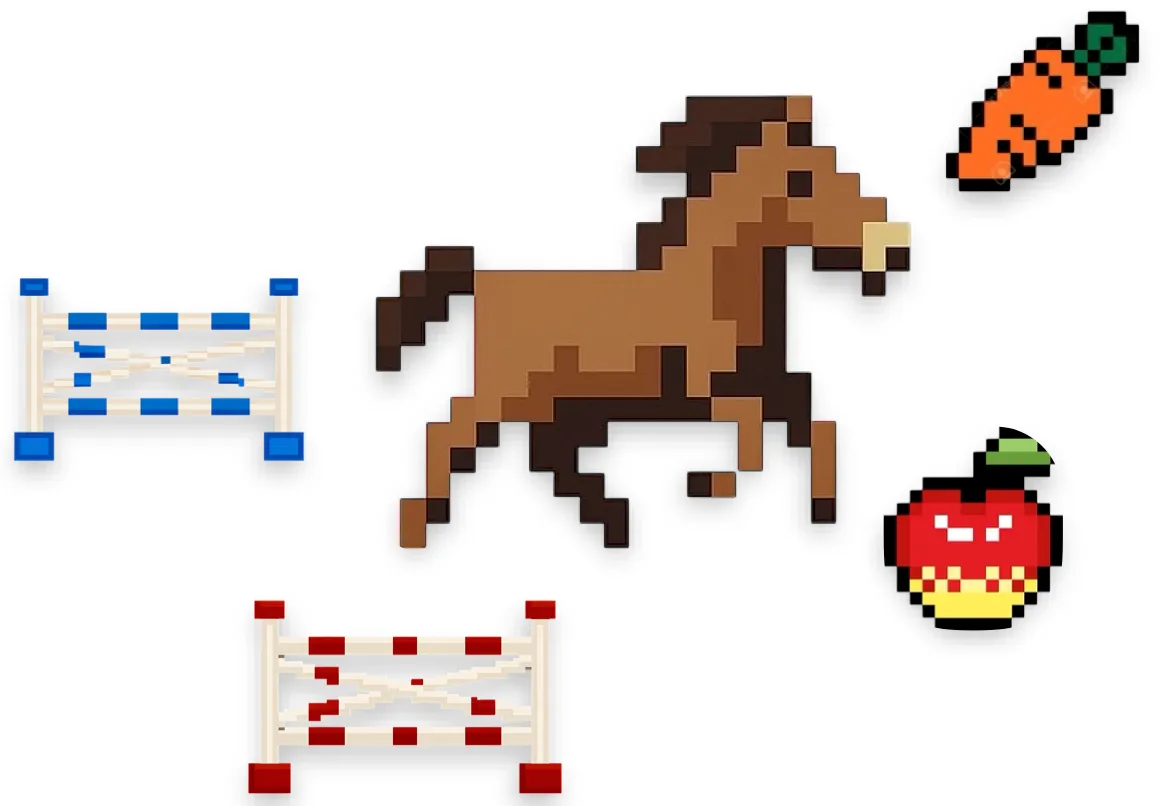 馬・青と赤の障害物・にんじん・りんごのドット絵