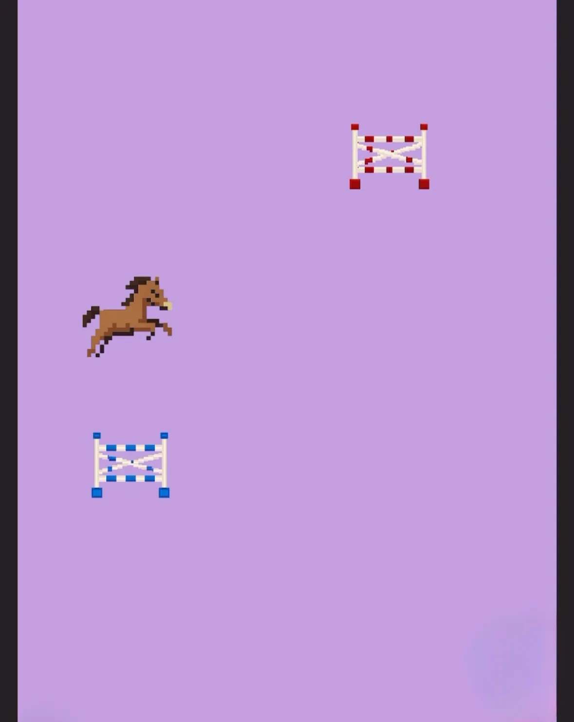 紫の背景の中を、ドット絵の馬が障害物を飛び越えていくゲーム画面